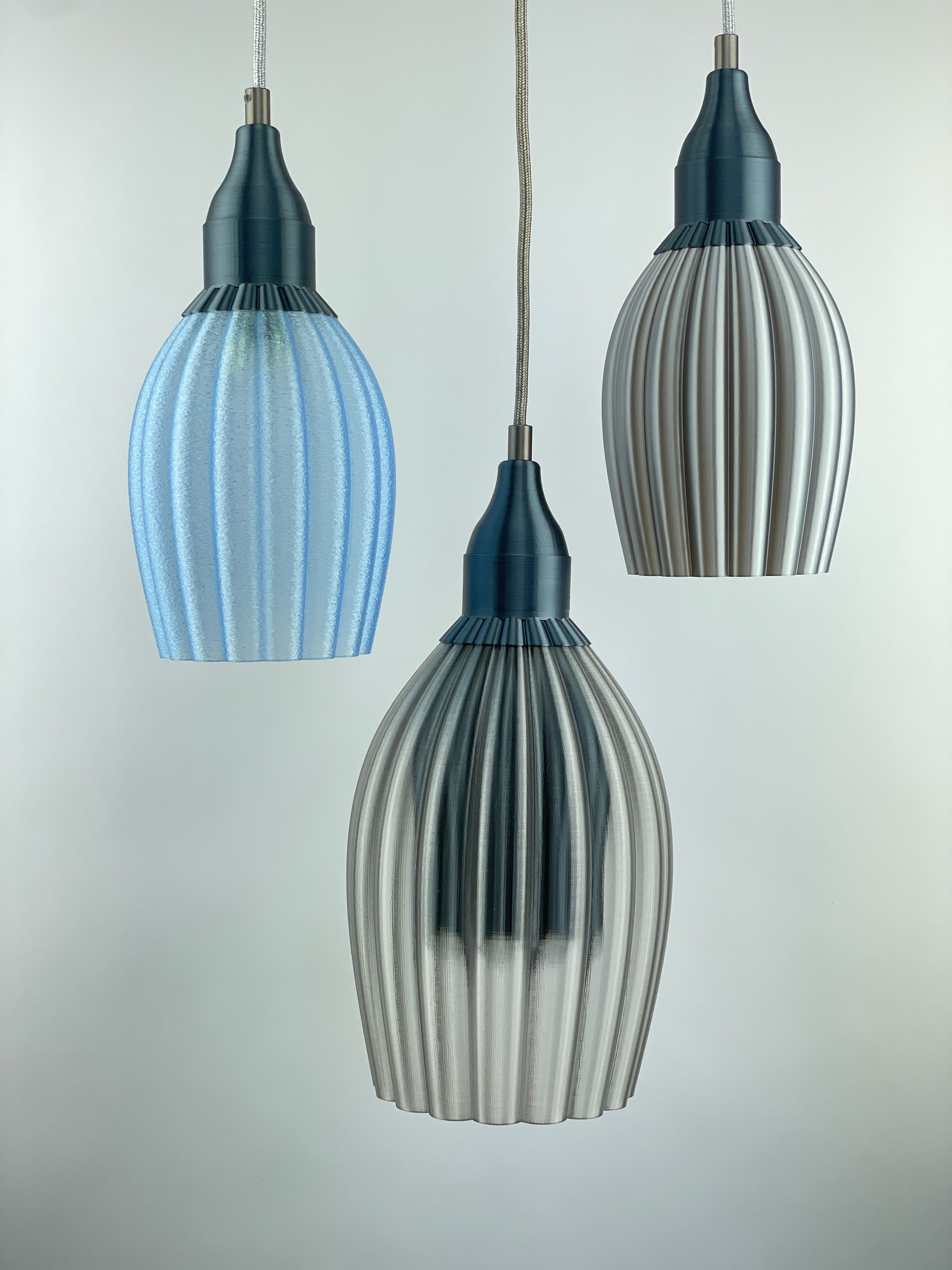 KuvaLight Art Deco Tulp Pendant Light Frosted-Blue-Transparent with white inner diffuser and Blue-Metallic-Cap Combination