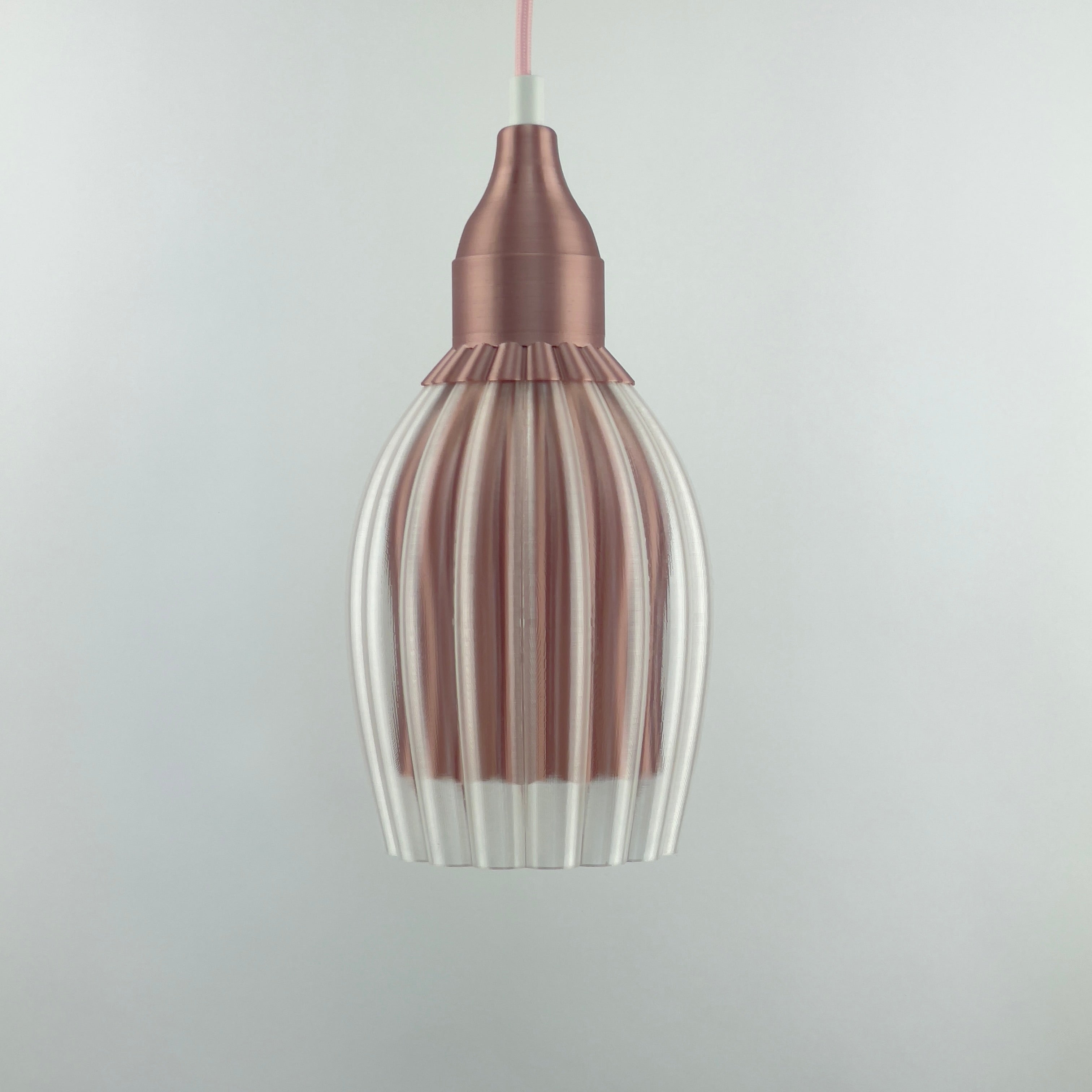 KuvaLight Art Deco Tulp Pendelleuchte Klar-Transparent mit roségoldenem Innendiffusor und Metallkappe