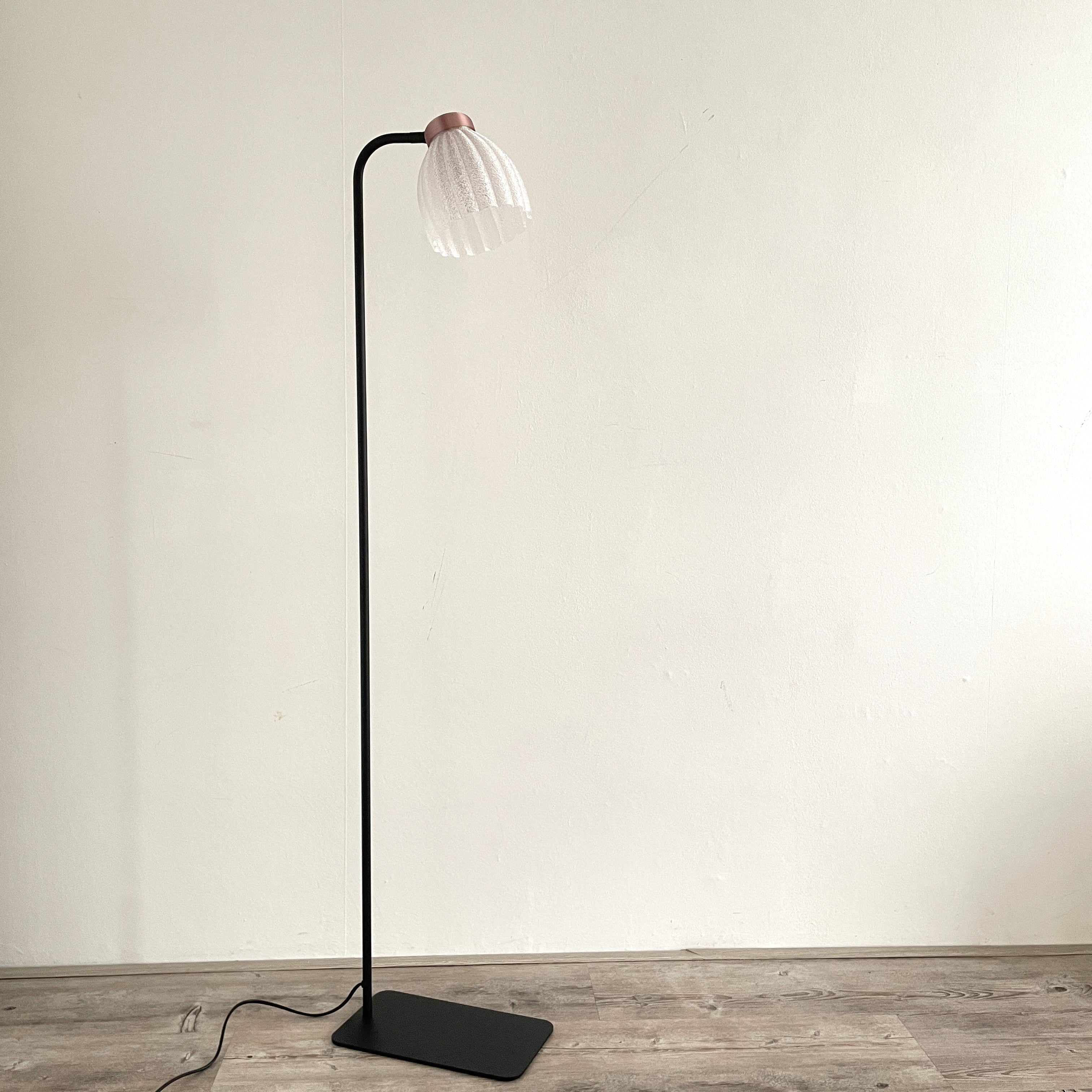 KuvaLight Blossom floor lamp in black with white, transparent, frosted, and rose gold shades, GU10, switched off 
