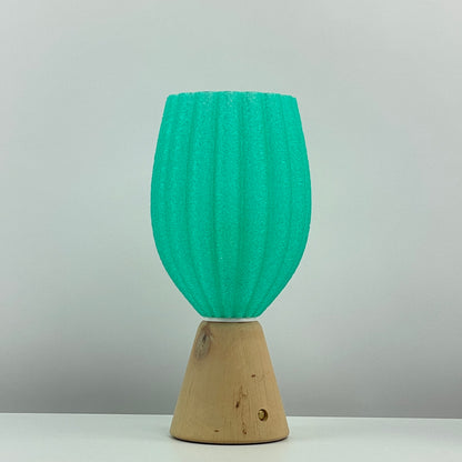 KuvaLight_Rechargeable_Tulp_Light_Turquoise_Frosted_Natural_wood_Base_ON 