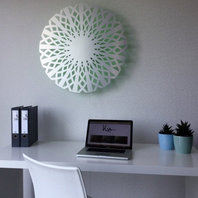 KuvaLight Amsterdam in brushed aluminium with a green light above a office desk. (80cm)